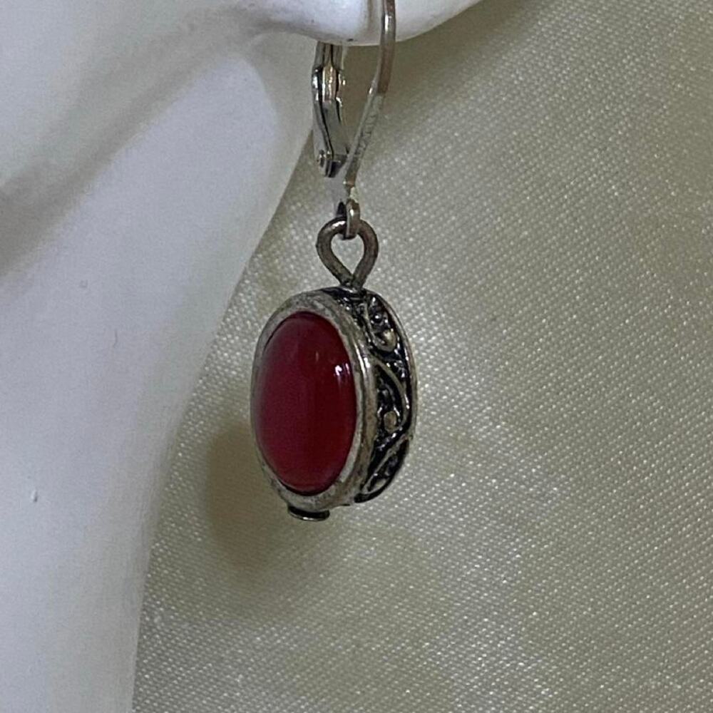 Nickel-Free Red Cabochon Silver-Tone Filigree Drop Earrings Leverback